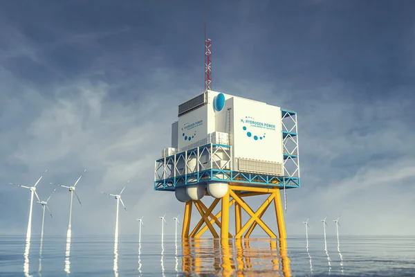 水素再生可能エネルギーのオフショア生産 クリーン電気太陽光発電と風力発電施設用の水素ガス 3Dレンダリング — ストック写真
