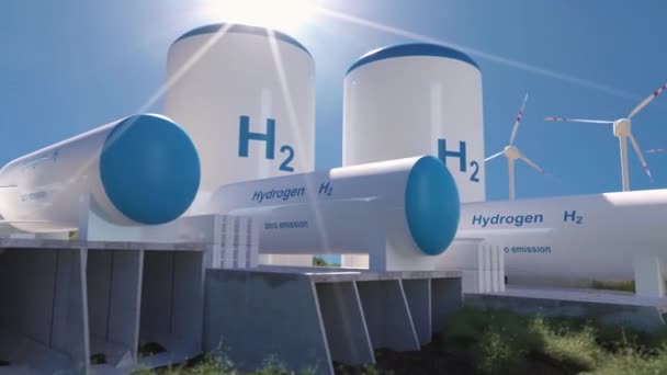 氢气可再生能源生产 用于清洁电力 太阳能和风力涡轮机设施的氢气 3D渲染 — 图库视频影像