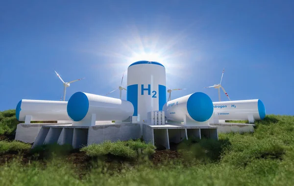 Hydrogen renewable energy production - hydrogen gas for clean electricity solar and windturbine facility. 3d rendering.