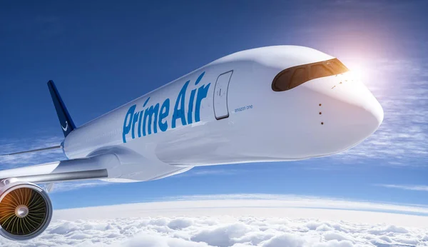 Amazon Prime Air Kommerzieller Transport Frachtflugzeug Fliegt Den Himmel Über — Stockfoto