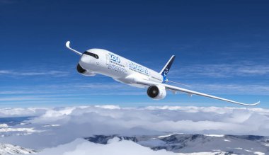 Hidrojen, havada uçan H2 uçağını doldurdu. Gelecekteki H2 enerji konsepti. 3d oluşturma