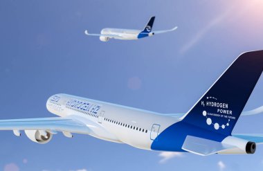 Hidrojen, havada uçan H2 uçağını doldurdu. Gelecekteki H2 enerji konsepti. 3d oluşturma