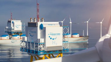 Hidrojen yenilenebilir offshore enerji üretimi - temiz elektrik güneş ve rüzgar türbini tesisi için hidrojen gazı. 3d oluşturma.