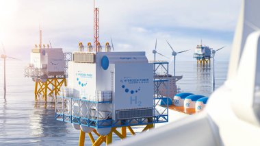 Hidrojen yenilenebilir offshore enerji üretimi - temiz elektrik güneş ve rüzgar türbini tesisi için hidrojen gazı. 3d oluşturma.