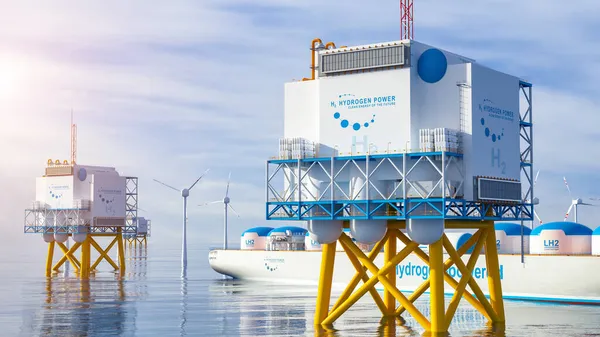 Hidrojen Yenilenebilir Offshore Enerji Üretimi Temiz Elektrik Güneş Rüzgar Türbini — Stok fotoğraf