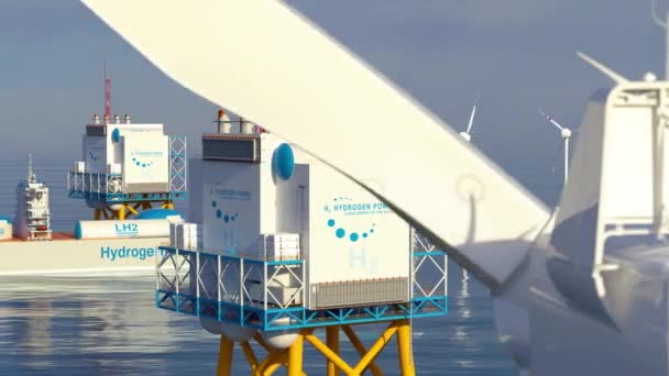 Hidrogén Megújuló Tengeri Energiatermelés Hidrogéngáz Tiszta Villamos Energia Nap Szélerőmű — Stock videók