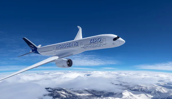 Wasserstoffgefülltes Flugzeug Himmel Zukünftiges Energiekonzept Darstellung — Stockfoto