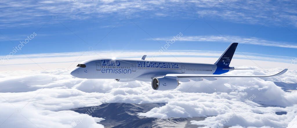 Hydrogen filled H2 Airplane flying in the sky - future H2 energy concept. 3d rendering