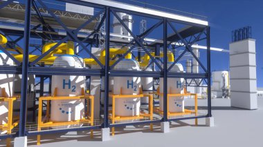 Hidrojen yenilenebilir enerji üretimi - temiz elektrik güneş ve rüzgar türbini tesisi için hidrojen gazı. 3d oluşturma.