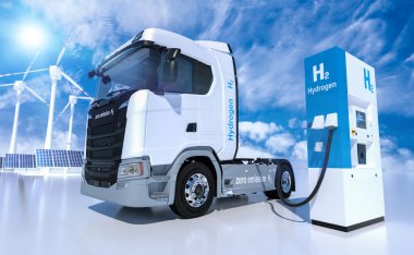 Benzin istasyonlarındaki hidrojen logosu. H2 yanmalı kamyon motoru emisyonsuz çevre dostu nakil için. 3d oluşturma