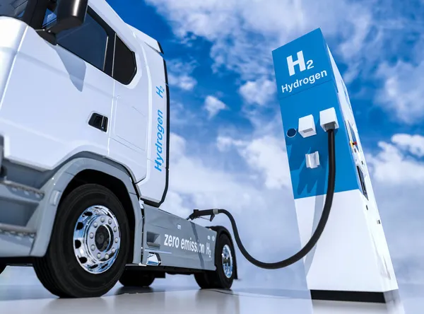 加油站燃油分配器上的氢气标识 H2用于无排放环保运输的燃烧卡车发动机 3D渲染 — 图库照片