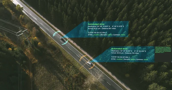 Autonomes Elektroauto Das Auf Einer Waldstraße Fährt Mit Einem Technischen — Stockfoto