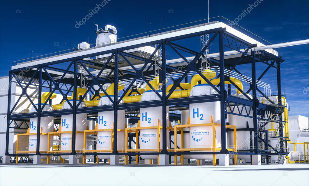 Hydrogen renewable energy production - hydrogen gas for clean electricity solar and windturbine facility. 3d rendering.