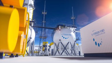 Hidrojen yenilenebilir enerji üretimi - temiz elektrik güneş ve rüzgar türbini tesisi için hidrojen gazı. 3d oluşturma.