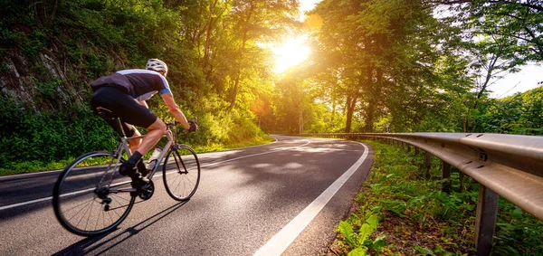 Mature Adult Racing Bike Climbing Hill Forest Landscape France Country — Stock Photo, Image