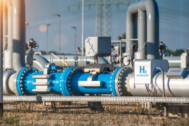Hidrojen yenilenebilir enerji üretim boru hattı - temiz elektrik güneş ve rüzgar türbini tesisi için hidrojen gazı.
