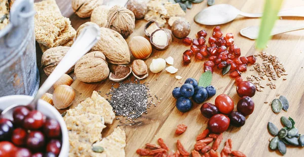 Superfood Variación Superalimentos Saludables Sobre Fondo Madera — Foto de Stock