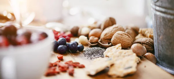 Various Healthy Superfoods Wooden Background Selective Focus — Stock Photo, Image