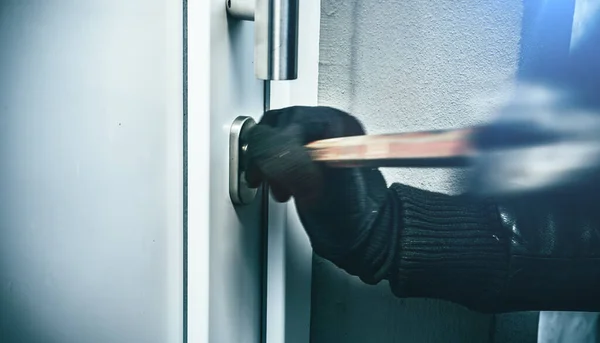 Masked Burglar Crowbar Breaking Entering Victim Home Motion Blur Selective — Foto de Stock