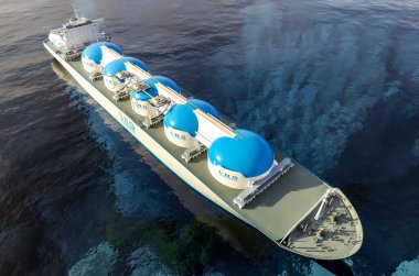 LNG - Liquified natural gas tanker with gas tanks powered with h2 hydrogen engines on the ocean, essentail deliver LNG. selective focus. 3d rendering