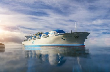LNG - Liquified natural gas tanker with gas tanks powered with h2 hydrogen engines on the ocean, essentail deliver LNG. 3d rendering