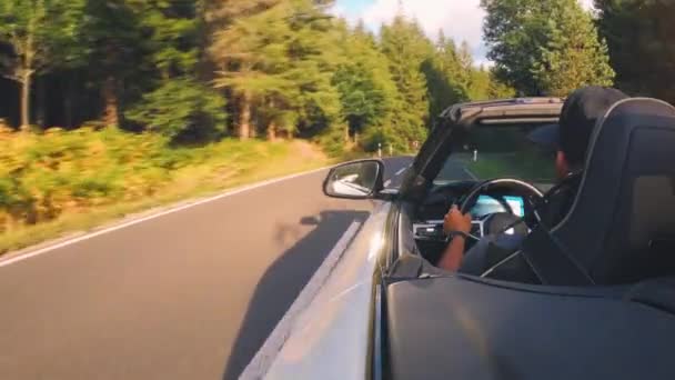 Adult Man Driving Convertable Car Sunny Nature Bright Summer Day — Video