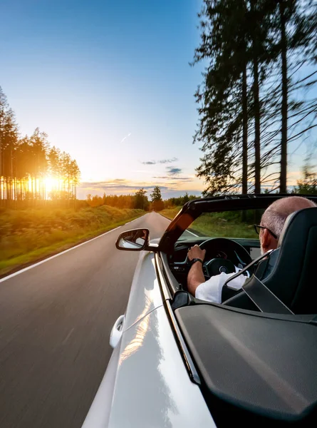 Mature Adult Man Driving Convertable Car Sunny Nature Bright Summer — 스톡 사진