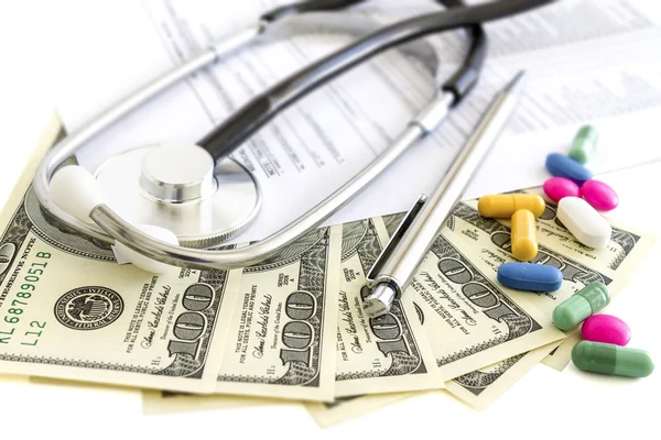 Money, stethoscope and pills, medical insurance — Stock Photo, Image