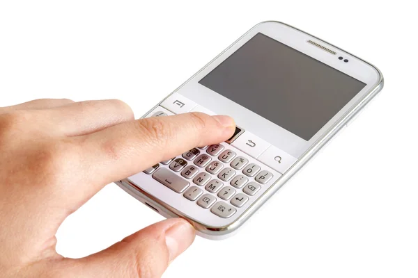 Mano tocando teléfono inteligente blanco — Foto de Stock