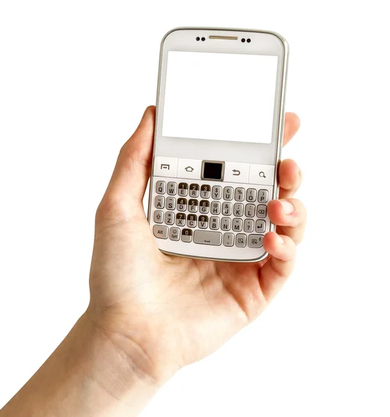 Hand holding white smart phone — Stock Photo, Image