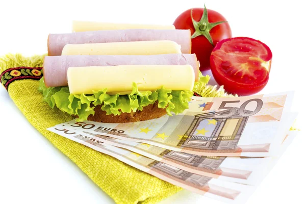 Sandwich and money — Stock Photo, Image