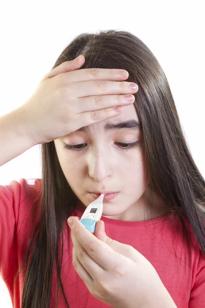 Ill girl child with thermometer — Stock Photo, Image