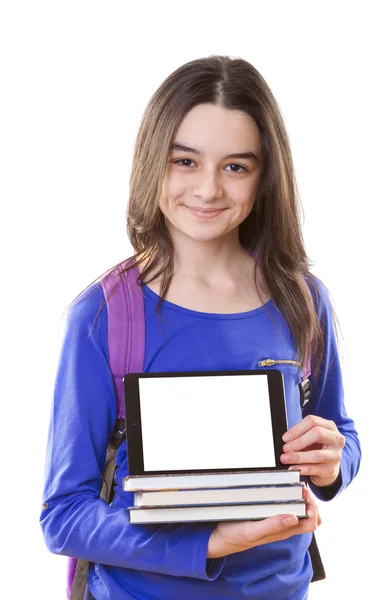 Teenage girl with digital tablet and schoolbag — Stock Photo, Image