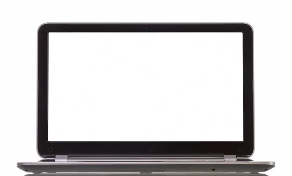 Вид спереду ноутбука з порожнім білим екраном на білому — стокове фото