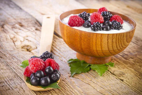 Yogurt with wild berries in wooden bowl — Stock Photo, Image