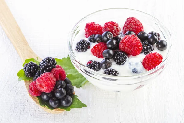Yogurt with forest berries in bowl — Stock Photo, Image