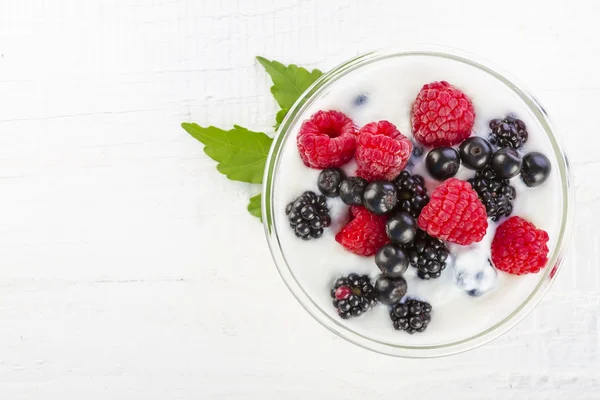 Yogurt with forest berries in bowl — Stock Photo, Image