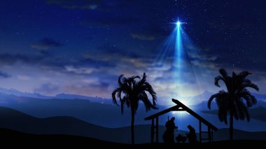 Kıvılcımlar saçan yıldızlı Noel Sahnesi ve İsa 'nın doğumu karakterleriyle daha parlak Bethlehem yıldızı. Hayvanlar ve ağaçlar. Yıldızlı gökyüzünün altında ve hareket eden ince bulutların altında İsa 'nın doğuşu hikayesi.