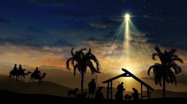 Kıvılcımlar saçan yıldızlı Noel Sahnesi ve İsa 'nın doğumu karakterleriyle daha parlak Bethlehem yıldızı. Hayvanlar ve ağaçlar. Yıldızlı gökyüzünün altında ve hareket eden ince bulutların altında İsa 'nın doğuşu hikayesi.