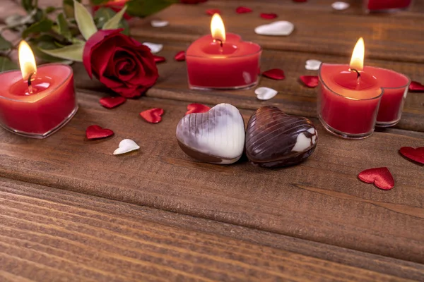 Valentines Day Concept Chocolate Candies Heart Shaped Red Roses Candles — Stock Photo, Image