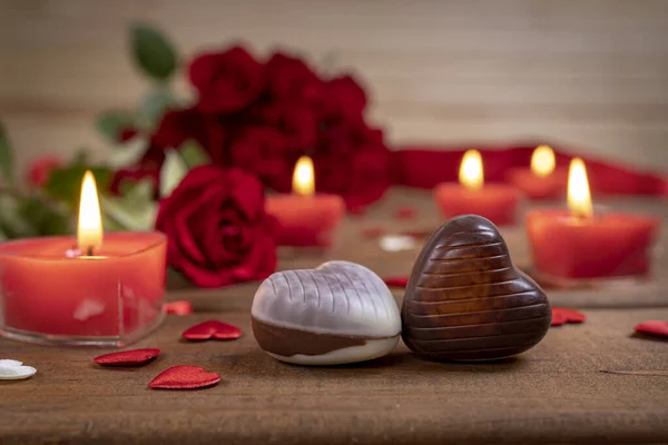 Valentines Day Concept Chocolate Candies Heart Shaped Red Roses Candles — Stock Photo, Image