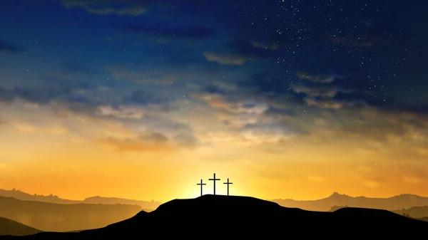 Tři Kříže Kopci Mraky Pohybujícími Hvězdné Obloze Velikonoce Vzkříšení Nový — Stock fotografie