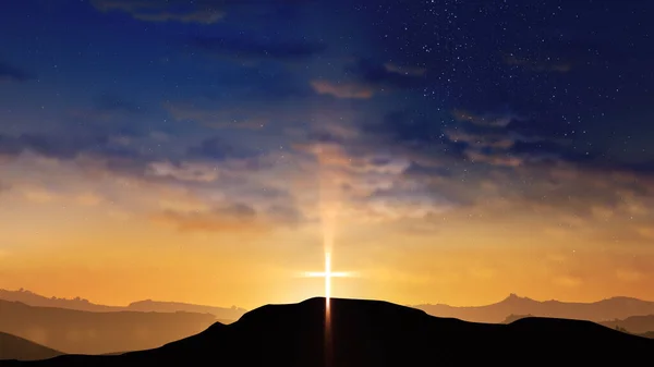 Cruz Brillante Colina Con Nubes Moviéndose Sobre Cielo Estrellado Pascua —  Fotos de Stock