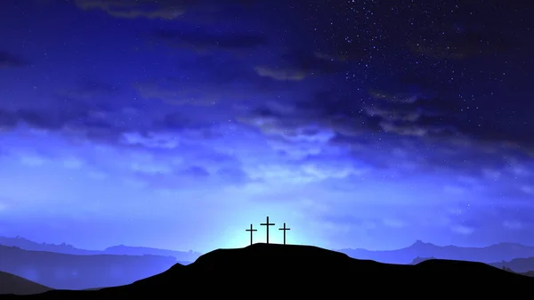 Three Crosses Hill Clouds Moving Starry Sky Easter Resurrection New — Stock Photo, Image