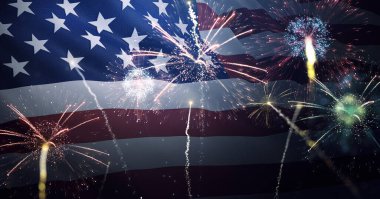 4 Temmuz kutlamalarında Amerikan bayrağı havai fişeklerle dalgalanıyor. Bağımsızlık, Anma, Kutlama, Havai fişek konsepti.