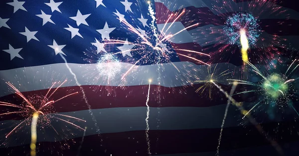 Bandera Americana Ondeando Con Fuegos Artificiales Celebrando Julio Independencia Memorial —  Fotos de Stock