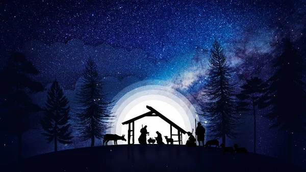 Christmas Scene animation with twinkling stars and nativity characters. Nativity Christmas story under starry sky and moving wispy clouds on blue.