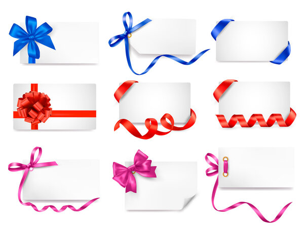Set of card note with colorful gift bows with ribbons