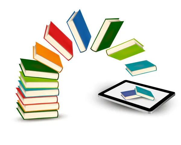 Livros voando em um tablet —  Vetores de Stock