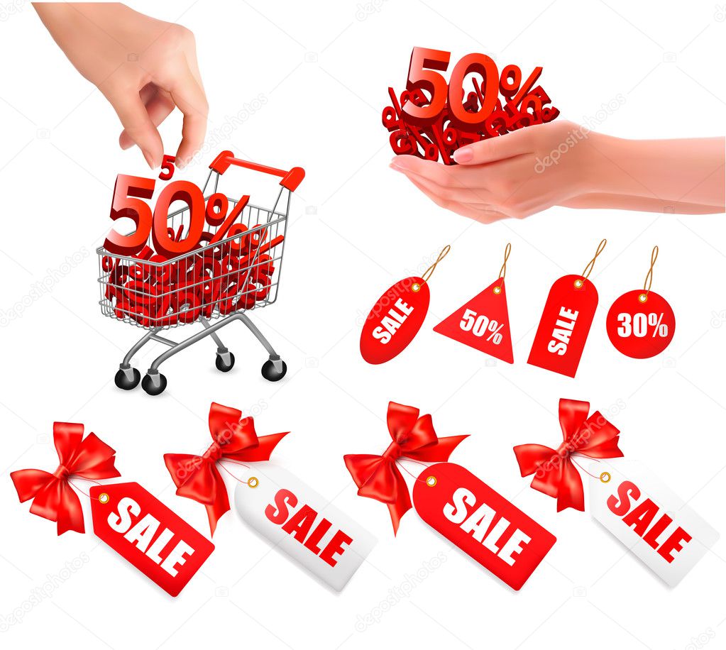 Set of sales tags with red gift bow and shopping carts with sale Concept of discount Vector illustration